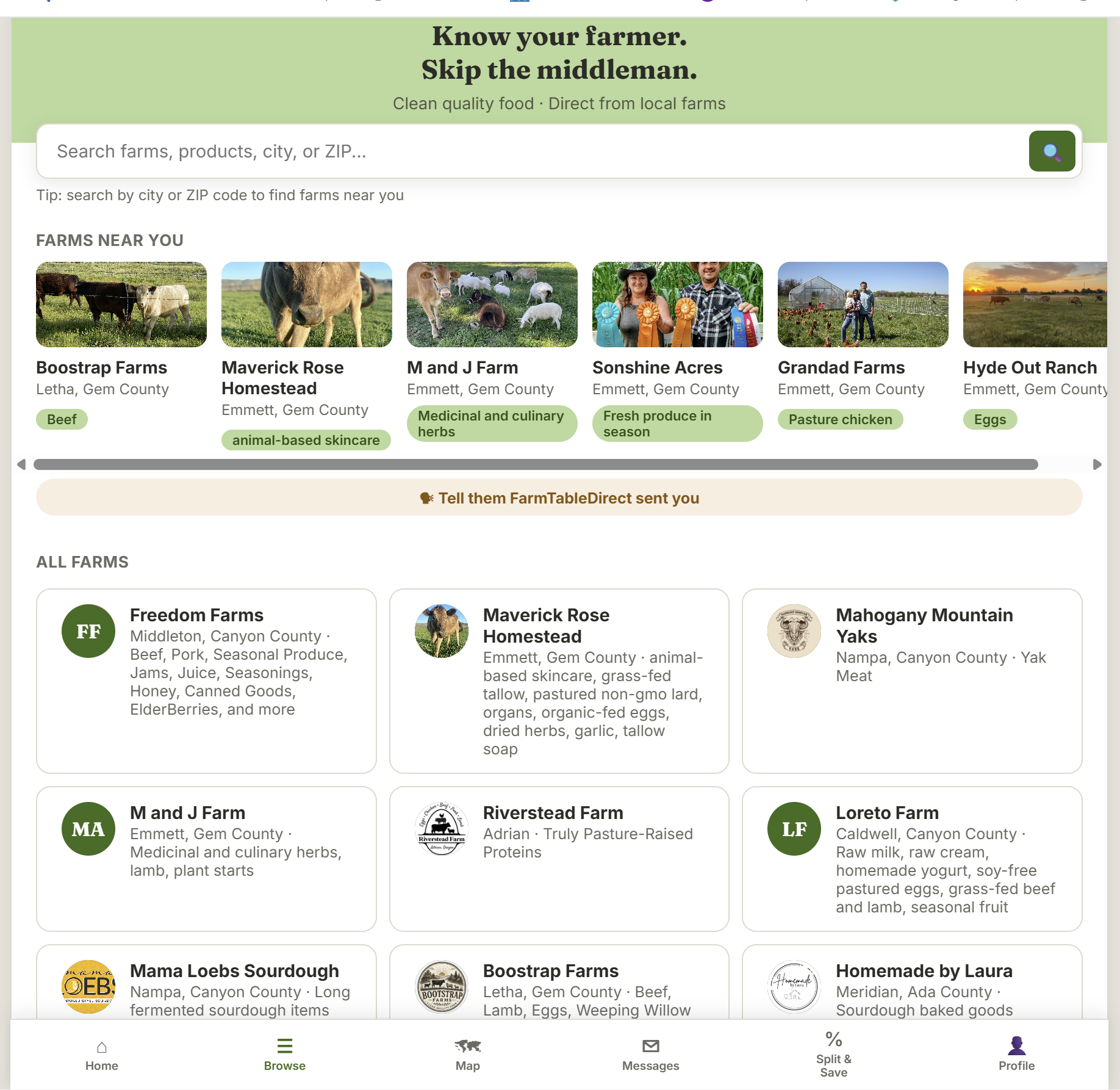 FarmTableDirect browse page showing farms near you and the full farm directory