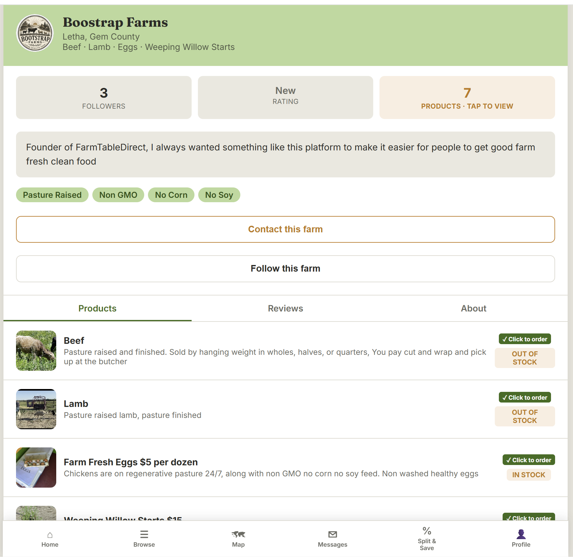 A real FarmTableDirect farm storefront page with products and contact options