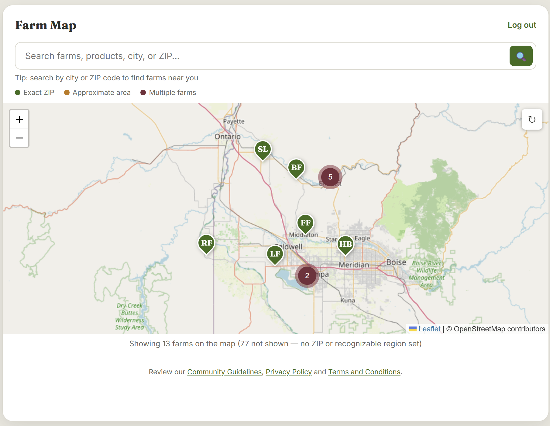 FarmTableDirect map view showing farm pin locations across the Treasure Valley